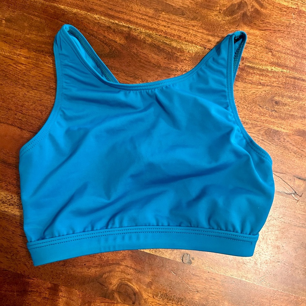 Blue Bikini Top with Racerback Design and High Neckline